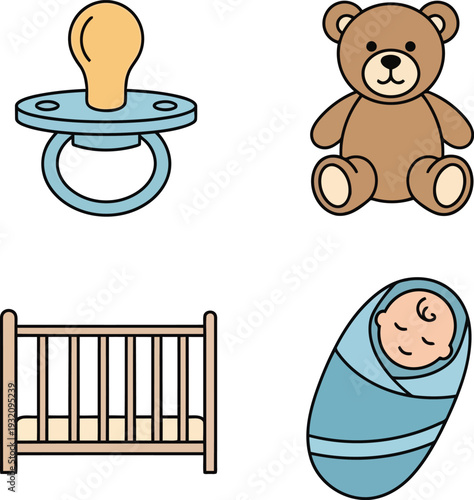 Cute Baby Essentials Vector Set with Pacifier, Teddy Bear, Crib, and Swaddled Newborn Illustration
