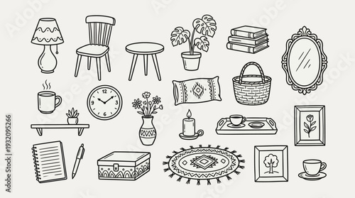 Aesthetic vector doodles featuring a variety of household essentials, decorative items, and furniture for a cozy interior concept, ideal for home decor projects