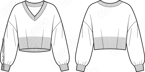 Cropped V-neck sweater front and back flat sketch with ribbed cuffs and hem, oversized long sleeve knitwear CAD drawing illustration
