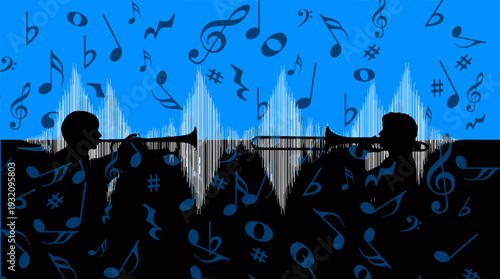 An equalizer sound wage graph is the background for a silhouetted trombone player and a trumpet musician in this vector illustration.