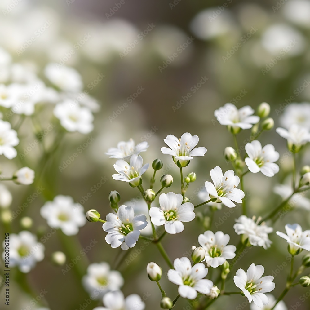 Fototapeta premium Clusters of small white blossoms illuminate a soft, diffused background