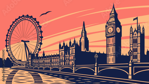 Iconic London Skyline Silhouette Featuring Large Observation Wheel and Historic Clock Tower Structures at Sunset london skyline vector