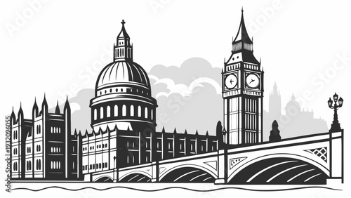 Monochromatic Cityscape Drawing Featuring Historic Palace Structure Clock Tower and Architectural Bridge Above Waterway london skyline vector