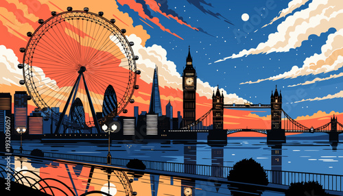 Cityscape panorama featuring large observation wheel and historic clock tower illuminated against dramatic twilight sky near river london skyline