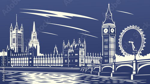 Iconic London Skyline View Featuring Historic Parliament Buildings and Large Observation Wheel Against Dark Sky london skyline vector