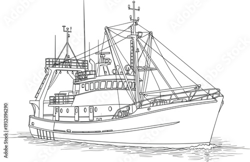 Fishing vessel line drawing, commercial trawler illustration, detailed boat design, maritime equipment, ocean fishing ship, nautical blueprint, vector art, marine industry