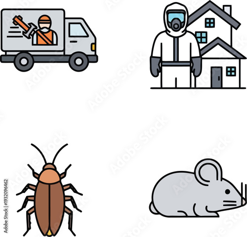 Pest Control Service Icons Set with Exterminator, Rodent, Cockroach, and Protective Suit