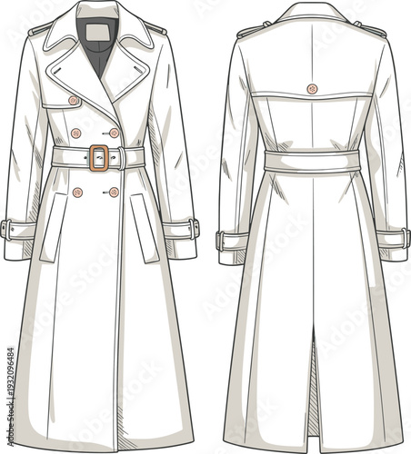 Flat vector CAD illustration of trench coat template with epaulettes, six-button front, belt, flap pockets, cuff straps, back vent