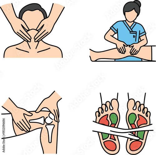 Physical Therapy and Massage Therapy Vector Icons Set for Rehabilitation and Wellness Clinics