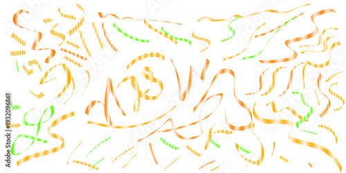 Abstract molecular ribbon structures in orange and green scattered on white background scientific biology illustration