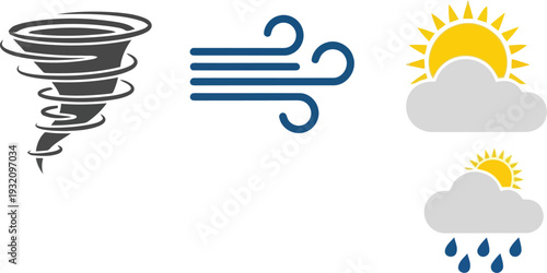 Weather icons set with tornado, wind, sun, clouds, and rain in flat vector illustration style