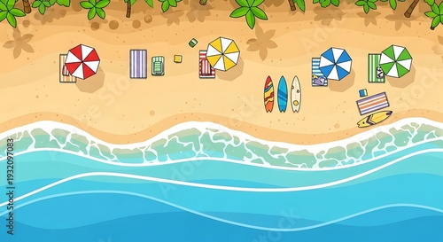 Overhead view illustrates numerous recreational items scattered across a sandy shore next to turquoise ocean waves