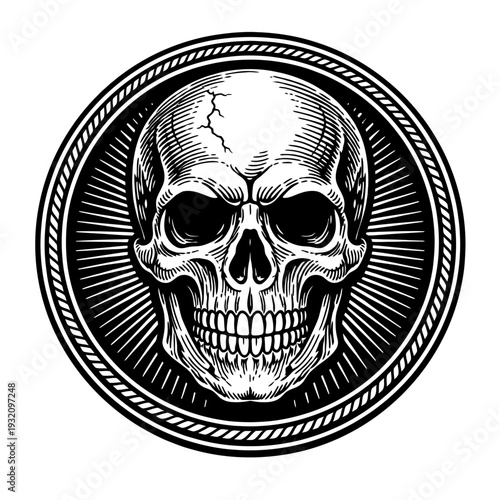 Intricately detailed vintage skull engraving illustration in a bold black and white circular emblem badge, featuring intricate line art, gothic aesthetics, perfect for tattoo designs, merchandise, dar