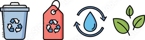 Eco-friendly recycling and sustainability icons set with bin, tag, water cycle, and green leaves
