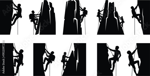 Rock climbing silhouettes bundle, climbers rappelling and scaling steep cliffs vector collection with dynamic poses isolated on white background