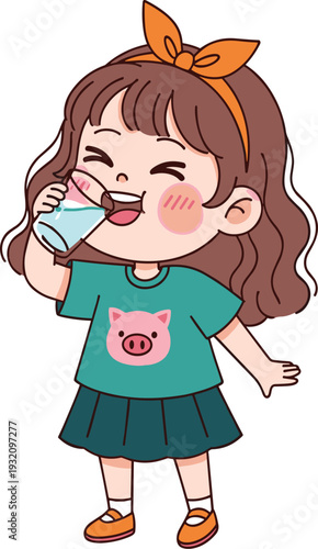 Happy child drinking milk, healthy lifestyle, nutrition for kids, smiling girl, cartoon illustration, pig shirt, orange shoes, green top, joyful moment