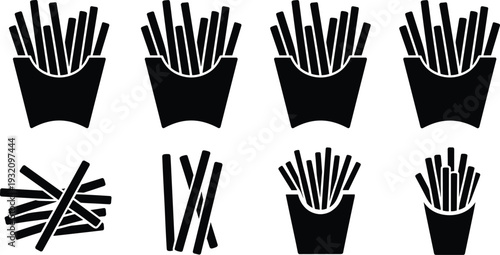 French fries silhouettes collection, fast food potato snack icons in different pack styles, vector set isolated on white background