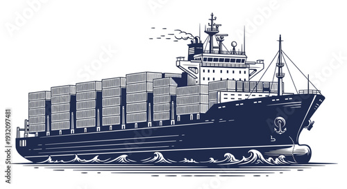 Detailed illustration of a large cargo ship transporting stacked containers at sea
