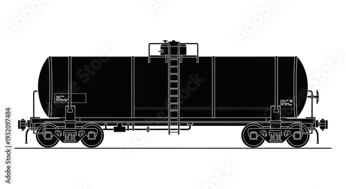 Black and white illustration of a railroad tank car on steel tracks