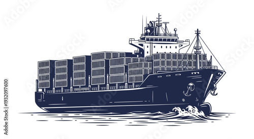 Detailed illustration of a large container ship sailing on dark blue water
