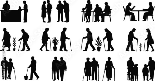 Elderly people silhouettes collection, senior men and women walking with cane, sitting, talking and daily activities vector set isolated on white