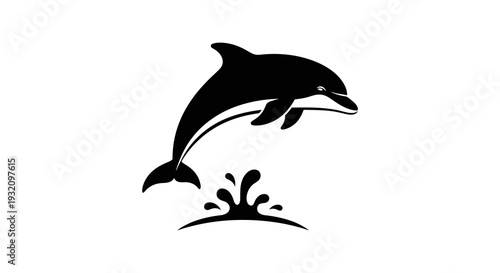 A black silhouette of a dolphin leaping from the water with splash