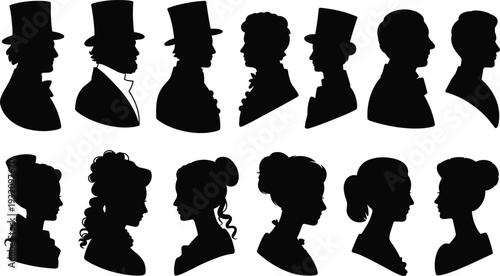 Victorian style silhouettes collection, vintage men and women profile portraits with historical fashion details, elegant vector set isolated on white