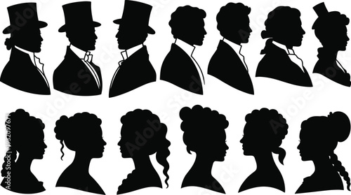 Vintage profile silhouettes collection, Victorian era men and women portraits with classic hairstyles and hats, elegant vector set isolated on white