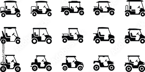 Golf cart silhouettes collection, electric resort transport vehicles in different styles, black vector illustration set isolated on white background