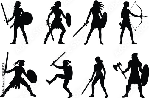 Female warrior silhouettes collection, fantasy women fighters with swords, shield, bow and axe, black vector illustration set isolated on white background
