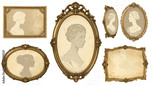 Vintage female silhouette portraits in ornate oval frames showcasing Victorian style elegance, classic cameo illustration, antique decorative design elements