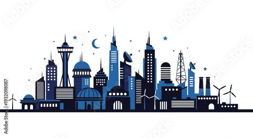 Stylized cityscape silhouette featuring iconic buildings a crescent moon and starry night