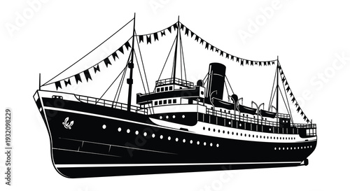 Black and white illustration of a vintage ocean liner decorated with pennant banners