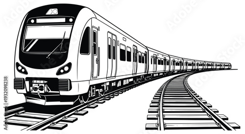 A sleek modern subway train travels along a curved railway track illustration