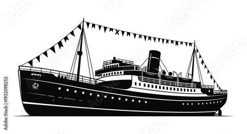 Vintage paddle steamer boat decorated with festive bunting flags in black and white