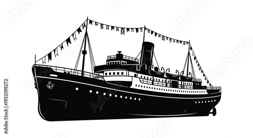 Black and white illustration of a vintage passenger steamship with decorative pennants