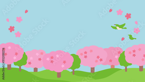 桜並木の景色、お花見、のベクターフレームイラスト素材 テンプレート 背景 16:9 Japanese cherry blossom tree-lined streets, cherry blossom viewing, vector background illustration material.