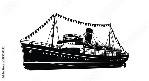 Black and white illustration of a vintage paddle steamer decorated with bunting