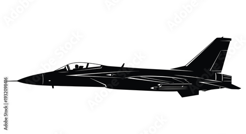 Black silhouette of a modern fighter jet in mid flight against a white background