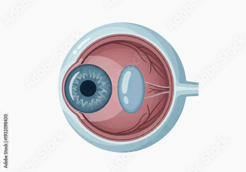 Cross-sectional medical illustration of human eye anatomy showing iris pupil retina lens optic nerve