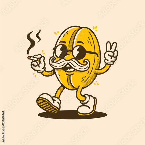 Retro Hipster Coffee Bean Cartoon Character Smoking Cigarette and Making Peace Sign - Cool Vintage Mascot Illustration