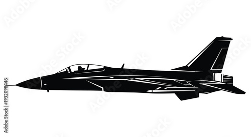 Black silhouette of a modern fighter jet in side profile against white background