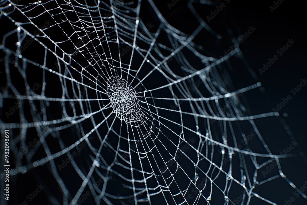 Fototapeta premium Intricate Spider Web Detailed Macro Shot Against Dark Background.
