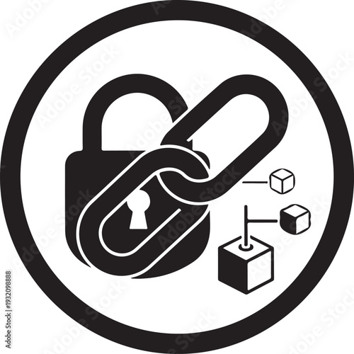 Secure lock and blockchain icon symbolizing data protection and decentralized network technology integration