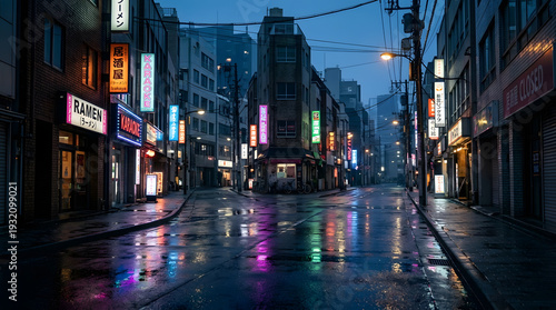 Colorful neon signs for ramen and karaoke illuminate a wet, empty Tokyo street at blue hour with vibrant reflections on the rain-slicked pavement. Generative AI