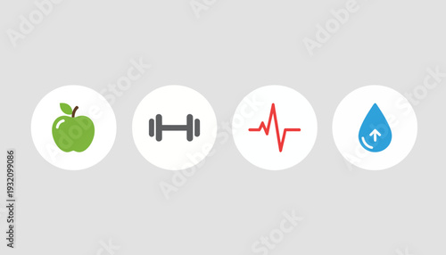 Healthy lifestyle icons including apple, dumbbell, heartbeat, and water drop