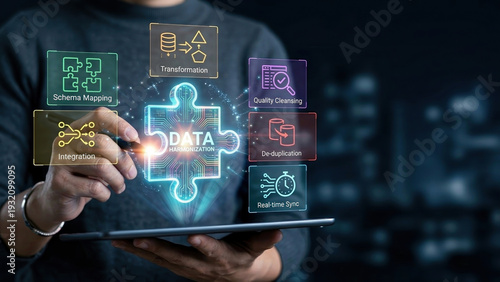 Data harmonization puzzle glowing over tablet illustrating predictive analytics platform for integration transformation quality cleansing de