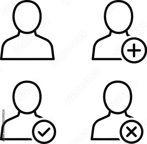 User profile icon set with add, approve, and remove options in minimalist black line style