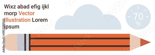 Creativity, progress tracking, data visualization, education, cloud storage, graphic design. Orange pencil, cloud text and a percentage indicator. Creativity and progress tracking concept