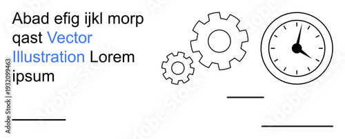 Time management, process optimization, workflow, scheduling, efficiency, productivity. Minimal clock beside gear cogwheels. Time management and process optimization theme prominently